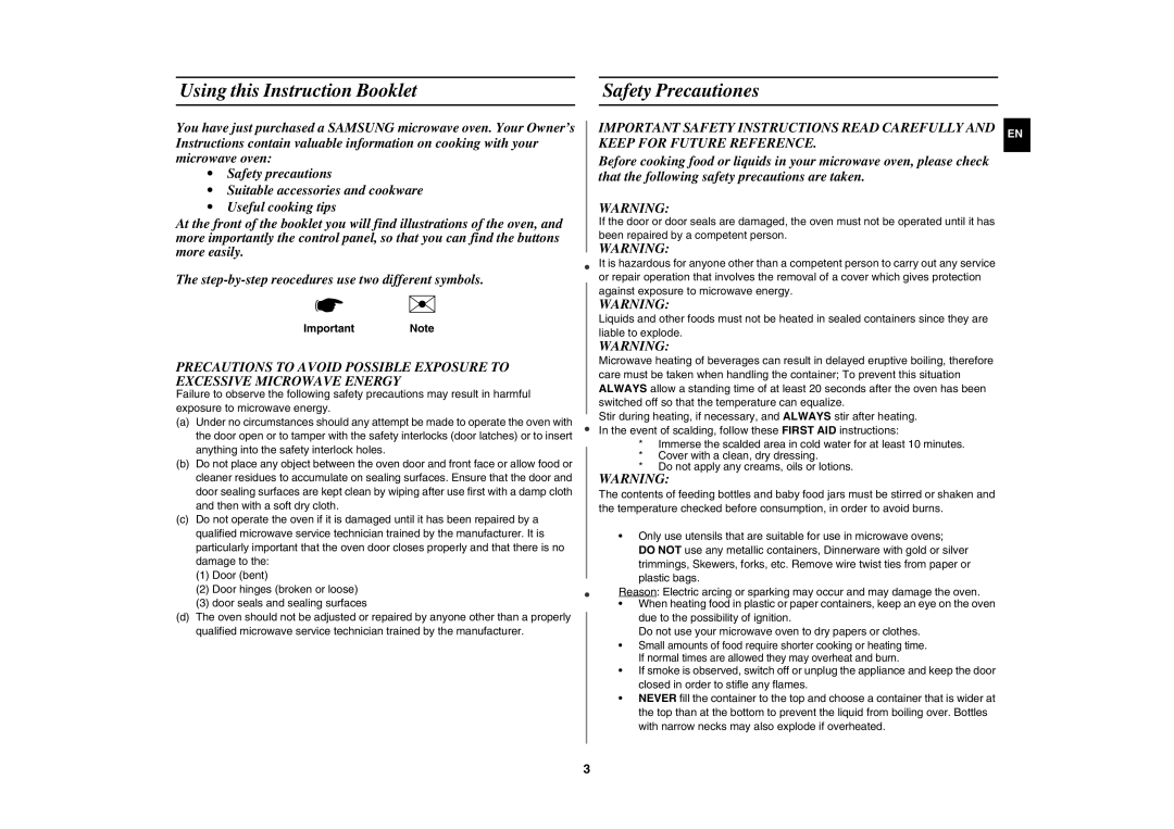 Samsung CM1039A-K/XEU manual Using this Instruction Booklet Safety Precautiones, Important Note 