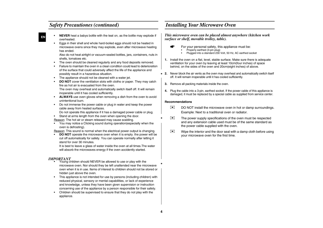 Samsung CM1039A-K/XEU manual Installing Your Microwave Oven, Recommendations 