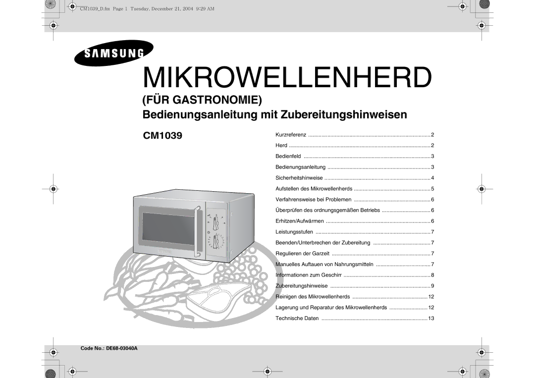 Samsung CM1039/XEG manual Mikrowellenherd 