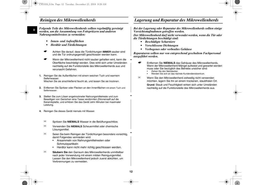 Samsung CM1039/XEG manual Reinigen des Mikrowellenherds, Lagerung und Reparatur des Mikrowellenherds 