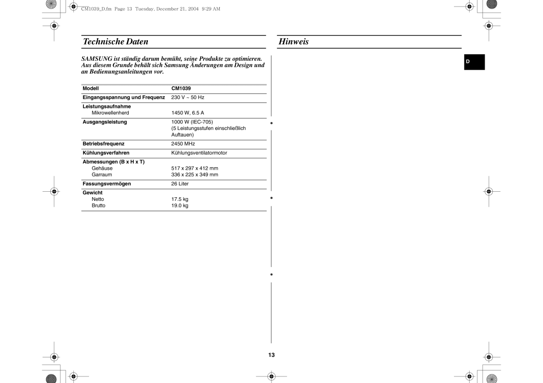 Samsung CM1039/XEG manual Technische Daten Hinweis 