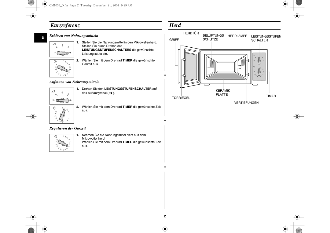 Samsung CM1039/XEG manual Kurzreferenz, Herd, Leistungsstufenschalters die gewünschte 