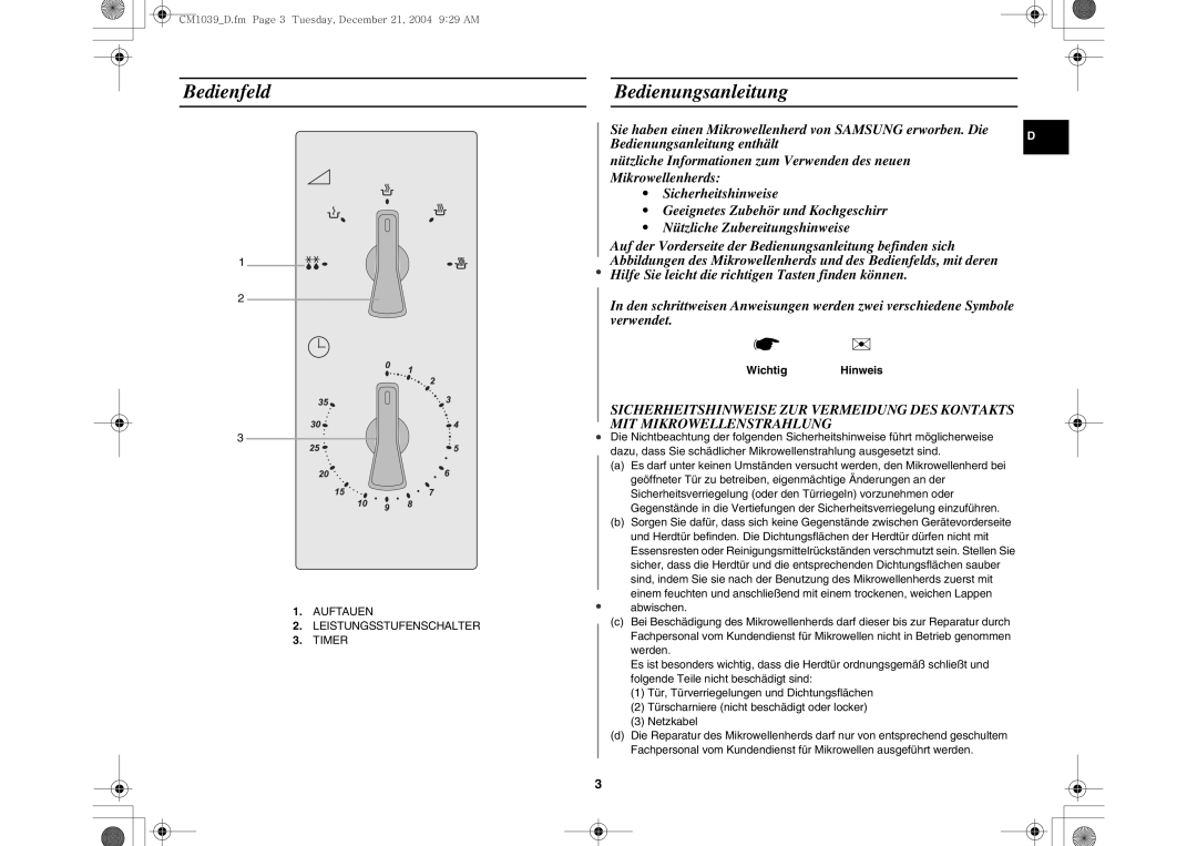 Samsung CM1039/XEG manual Bedienfeld, Bedienungsanleitung, Wichtig Hinweis 