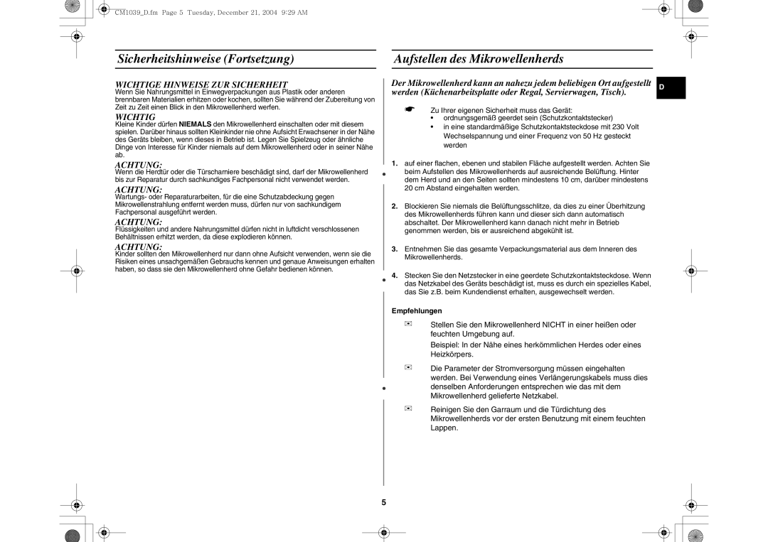 Samsung CM1039/XEG manual Wichtige Hinweise ZUR Sicherheit, Empfehlungen 