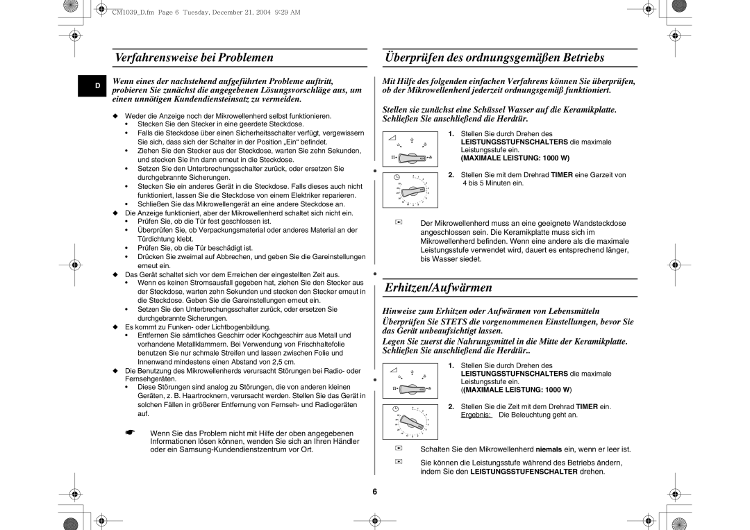 Samsung CM1039/XEG manual Erhitzen/Aufwärmen, Leistungsstufnschalters die maximale 