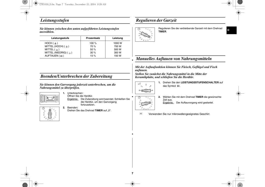 Samsung CM1039/XEG manual Leistungsstufen Regulieren der Garzeit, Beenden/Unterbrechen der Zubereitung 