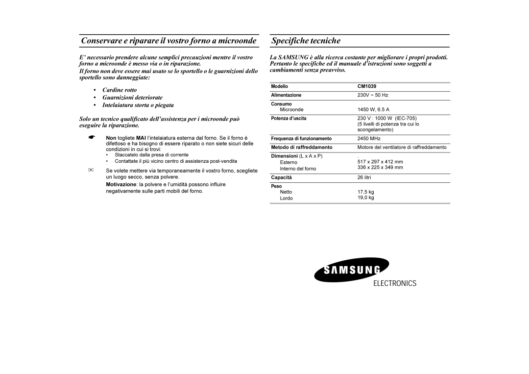 Samsung CM1039/XET manual Conservare e riparare il vostro forno a microonde, Specifiche tecniche 