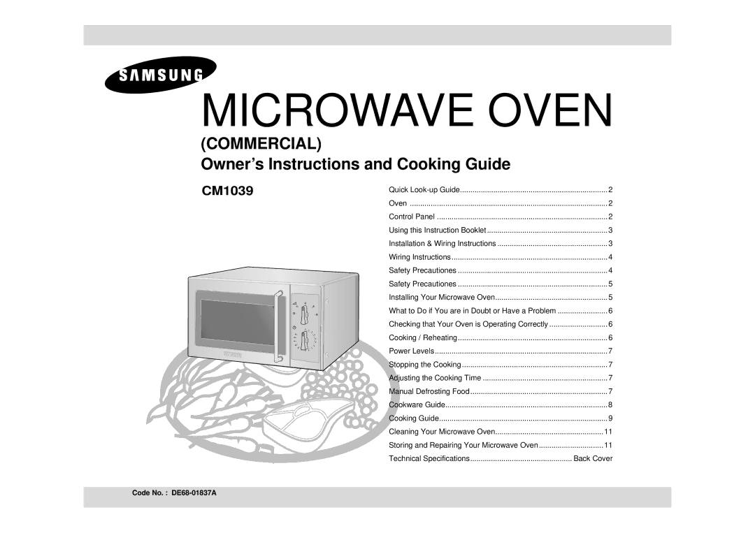 Samsung CM1039/XEU manual Microwave Oven, Code No. DE68-01837A 