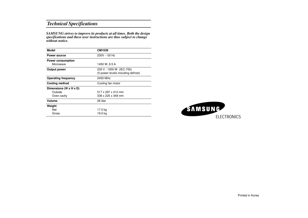 Samsung CM1039/XEU manual Technical Specifications 