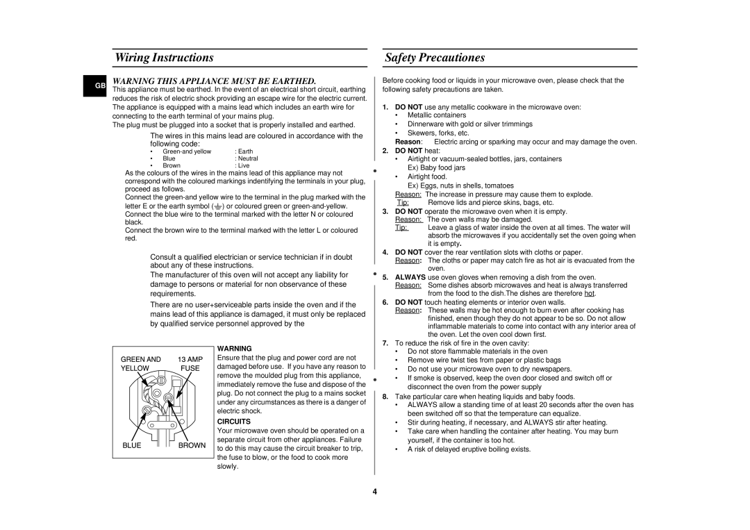 Samsung CM1039/XEU manual Wiring Instructions Safety Precautiones, Do not heat 