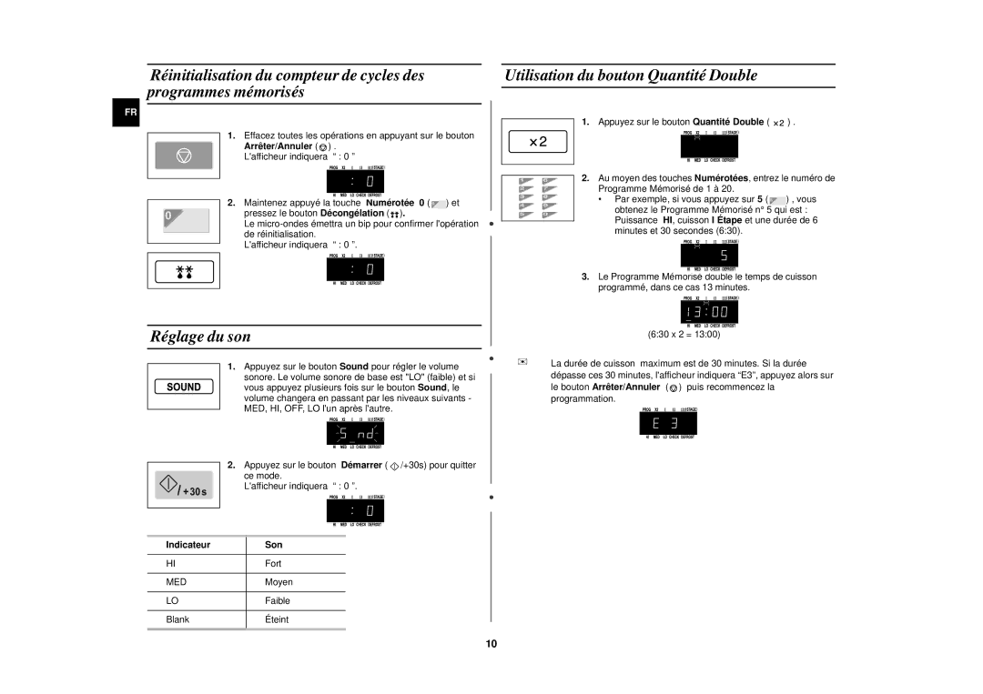 Samsung CM1049/XEF manual Réglage du son, Utilisation du bouton Quantité Double, Arrêter/Annuler . Lafficheur indiquera 