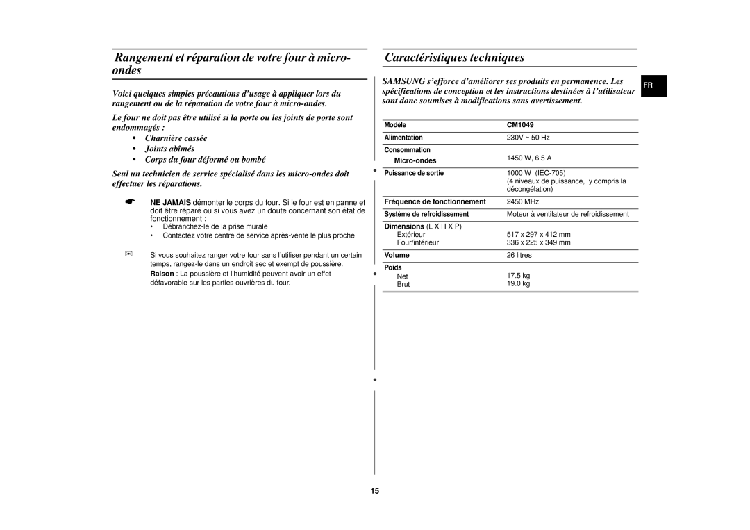 Samsung CM1049/XEF manual Rangement et réparation de votre four à micro- ondes, Caractéristiques techniques 