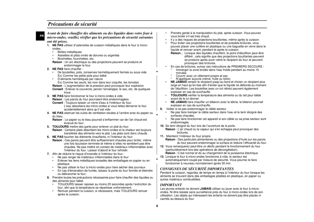 Samsung CM1049/XEF manual Précautions de sécurité, Consignes DE Sécurité Importantes 