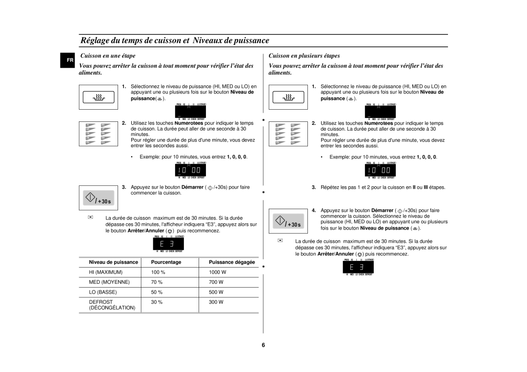 Samsung CM1049/XEF manual Réglage du temps de cuisson et Niveaux de puissance, Pourcentage 