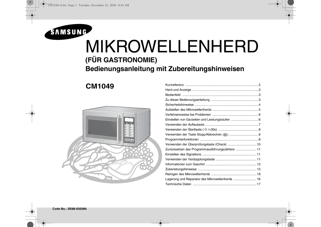 Samsung CM1049/XEG manual Mikrowellenherd 