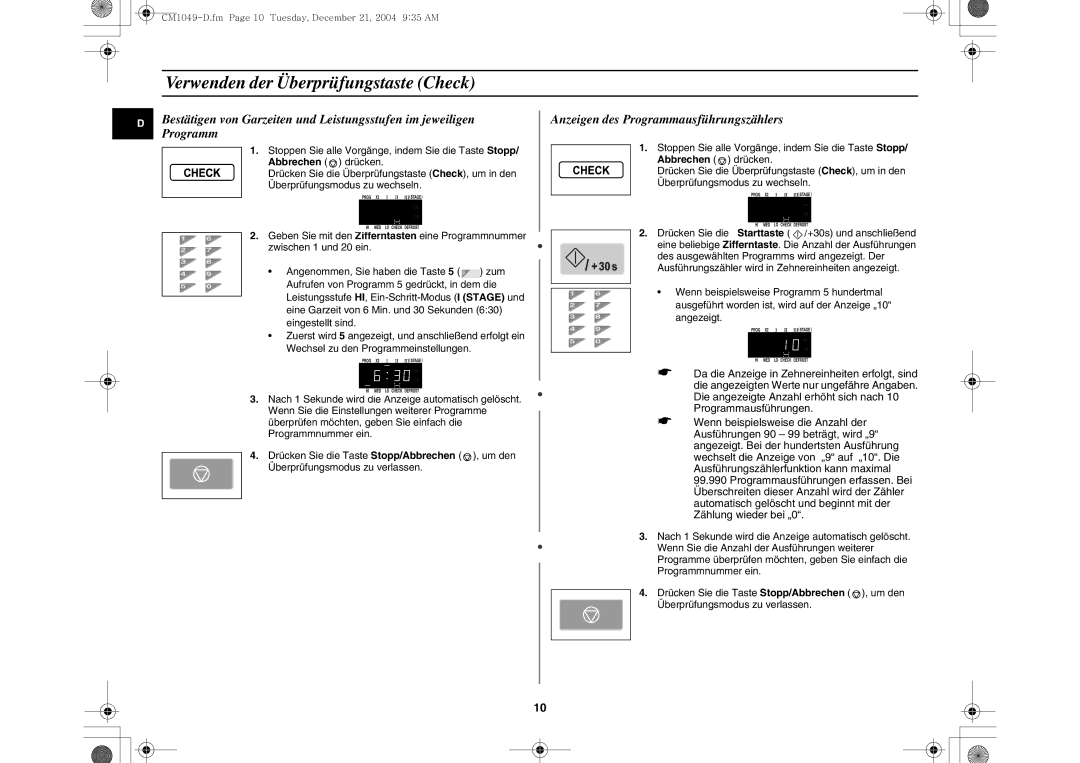 Samsung CM1049/XEG manual Verwenden der Überprüfungstaste Check, Anzeigen des Programmausführungszählers 