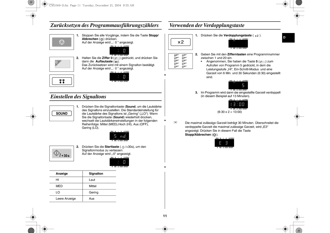 Samsung CM1049/XEG manual Verwenden der Verdopplungstaste, Einstellen des Signaltons, Drücken Sie die Verdopplungstaste 