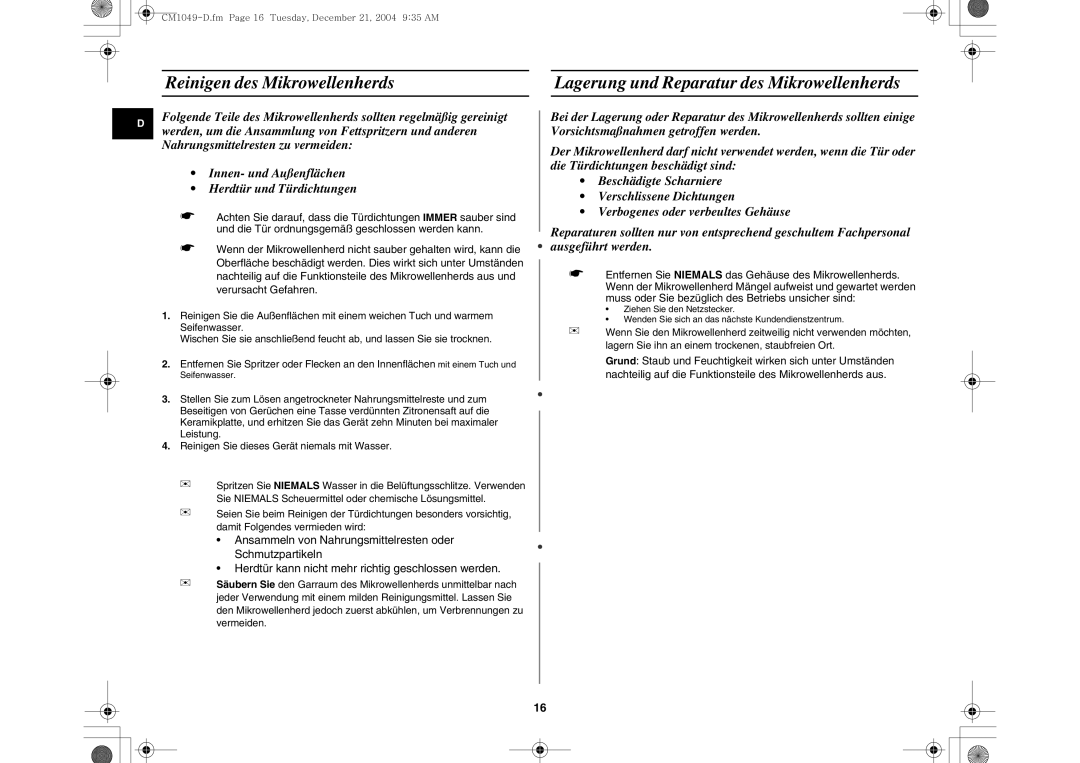 Samsung CM1049/XEG manual Reinigen des Mikrowellenherds, Lagerung und Reparatur des Mikrowellenherds 