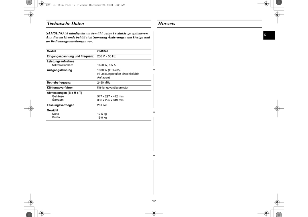 Samsung CM1049/XEG manual Technische Daten Hinweis 