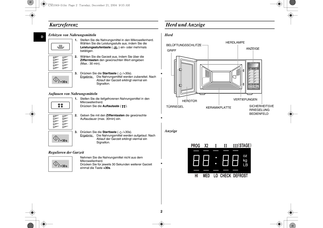 Samsung CM1049/XEG manual Kurzreferenz Herd und Anzeige 