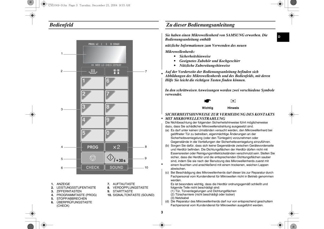 Samsung CM1049/XEG manual Bedienfeld Zu dieser Bedienungsanleitung, Wichtig Hinweis 