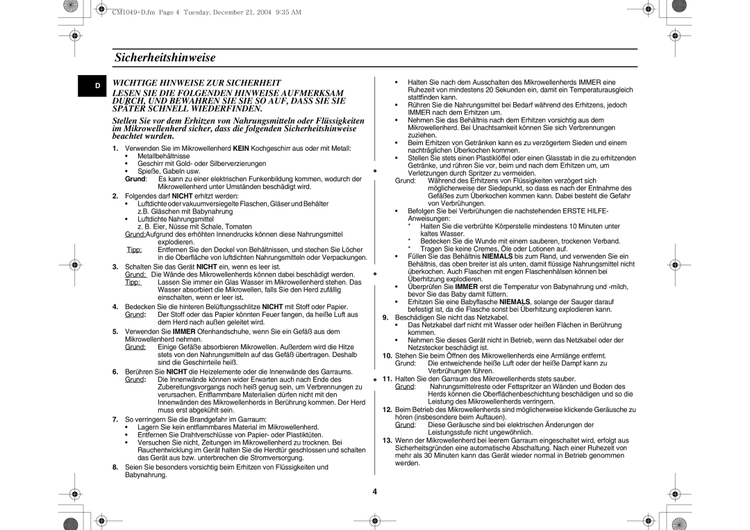 Samsung CM1049/XEG manual Sicherheitshinweise, Sind die Geschirrteile heiß 