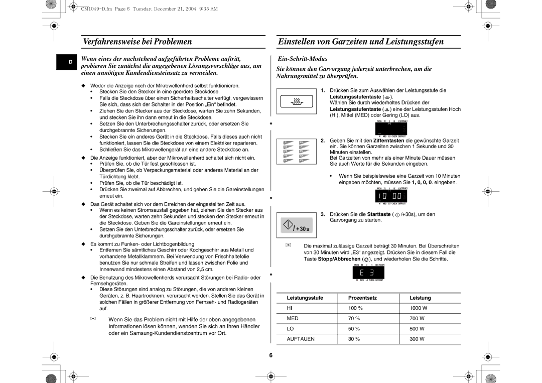 Samsung CM1049/XEG manual Einstellen von Garzeiten und Leistungsstufen, Leistungsstufentaste, Leistungsstufe Prozentsatz 