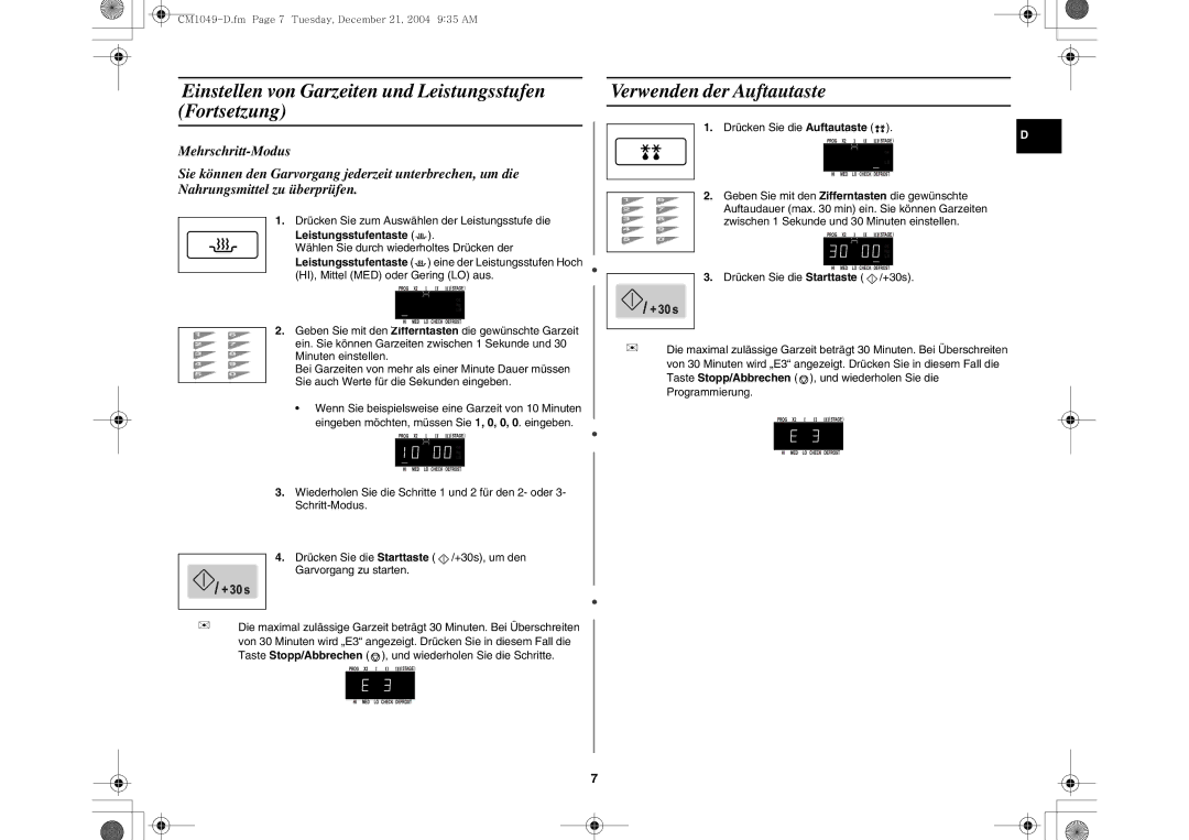 Samsung CM1049/XEG manual Einstellen von Garzeiten und Leistungsstufen Fortsetzung, Verwenden der Auftautaste 