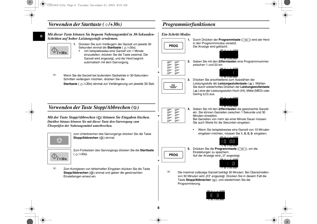 Samsung CM1049/XEG manual Verwenden der Starttaste /+30s, Verwenden der Taste Stopp/Abbrechen, Ein-Schritt-Modus 