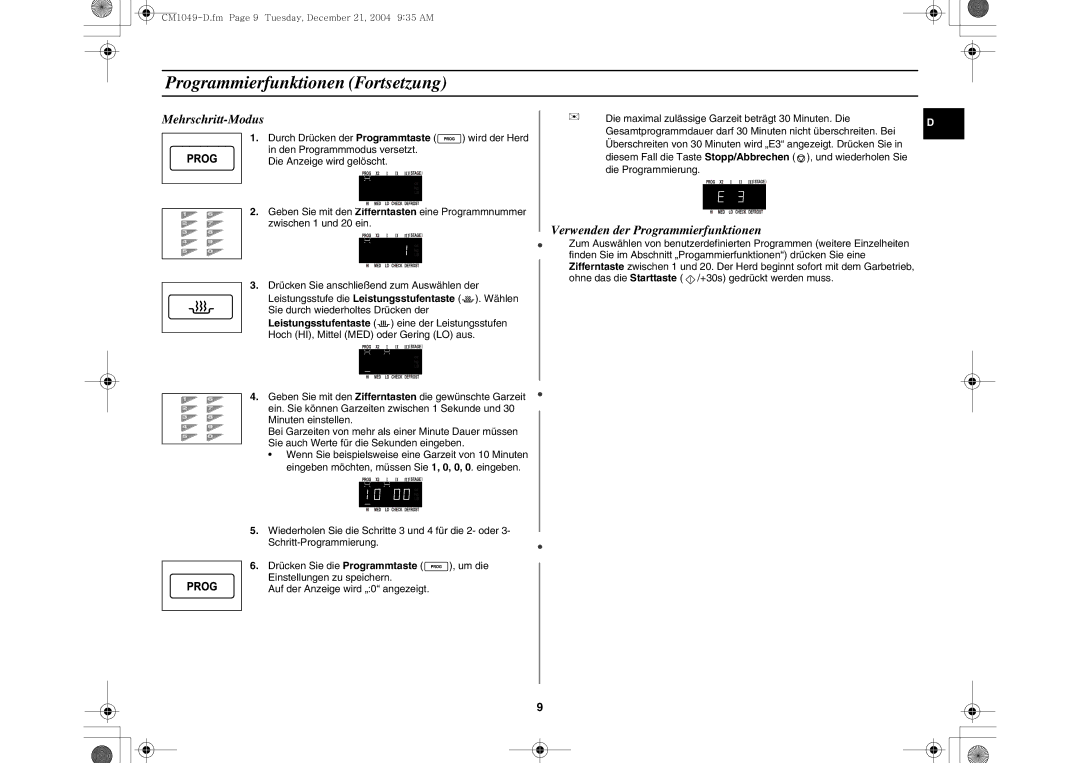 Samsung CM1049/XEG manual Programmierfunktionen Fortsetzung, Mehrschritt-Modus, Verwenden der Programmierfunktionen 