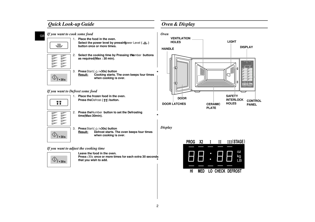 Samsung CM1049/XET Quick Look-up Guide Oven & Display, GB If you want to cook some food, If you want to Defrost some food 