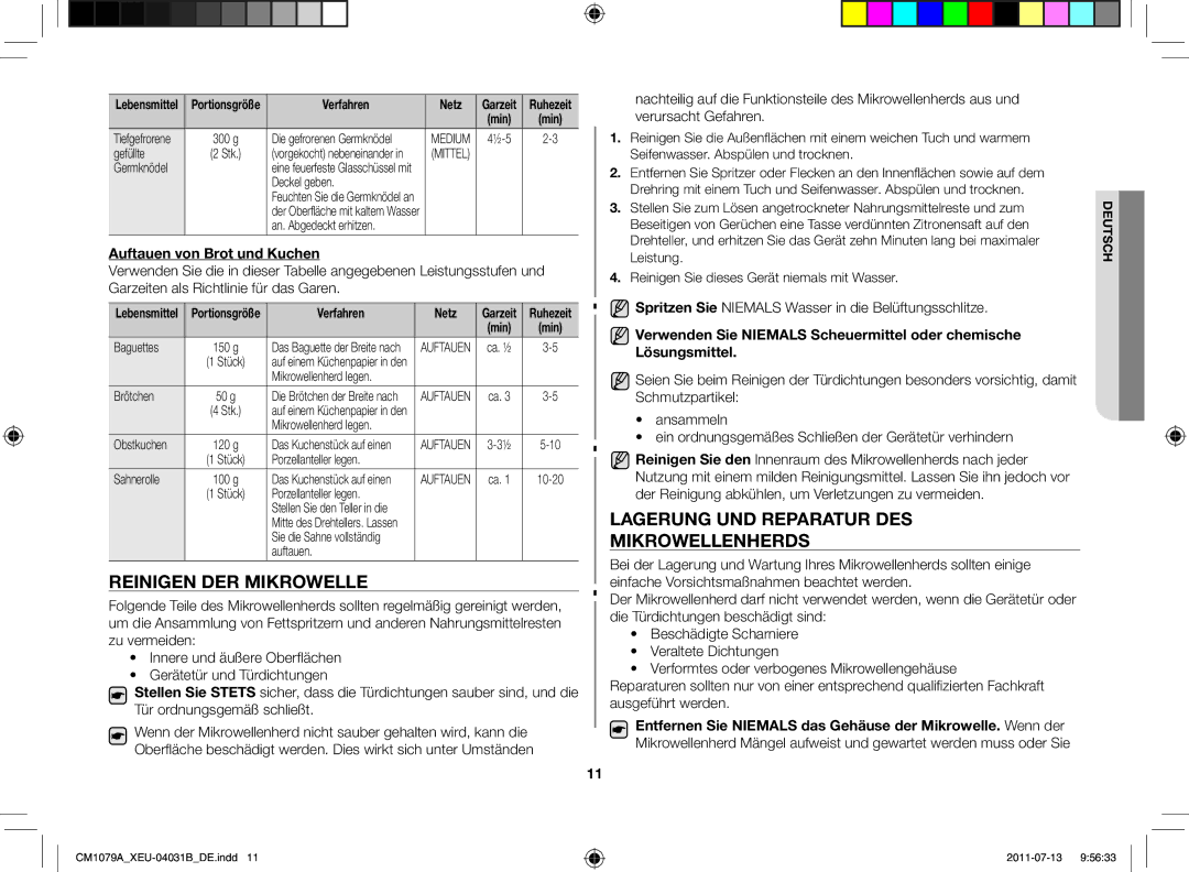 Samsung CM1079A-1/XEU Reinigen der Mikrowelle, Lagerung und Reparatur des Mikrowellenherds, Auftauen von Brot und Kuchen 