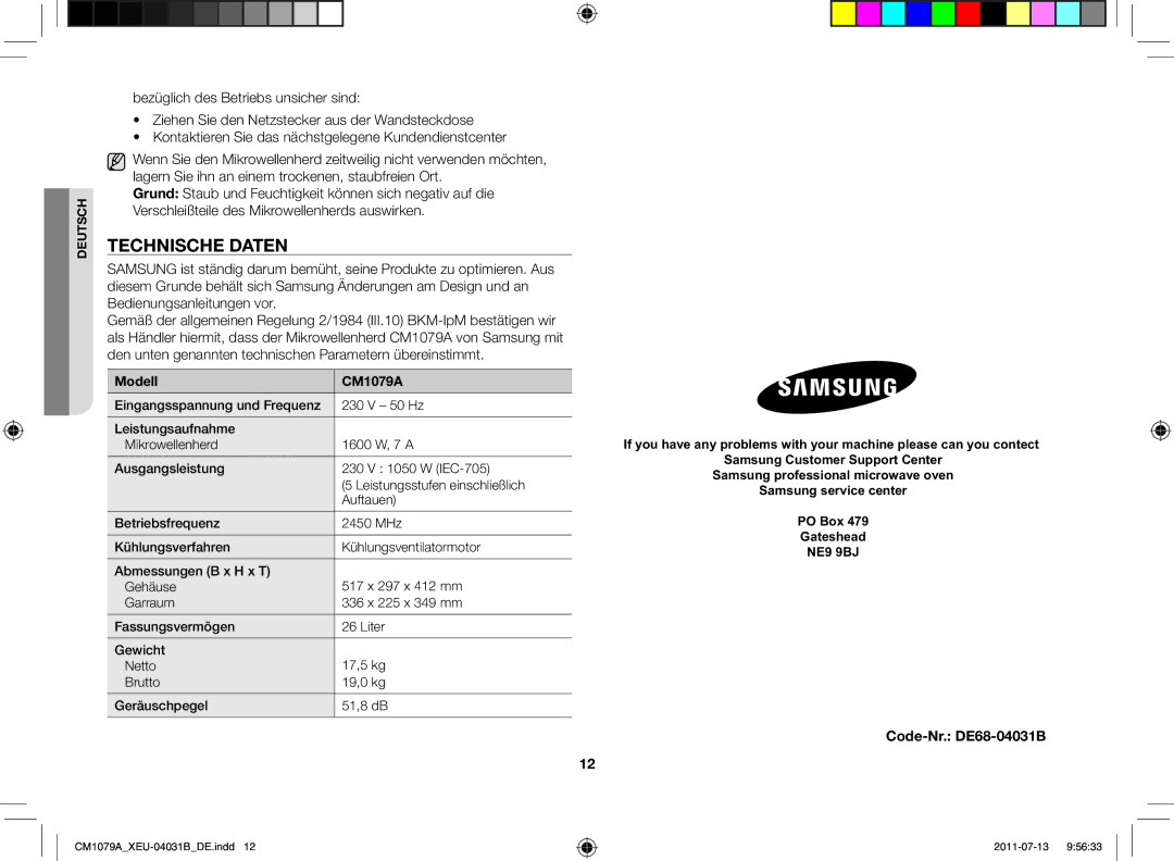 Samsung CM1079A-1/XEU manual Technische Daten, Code-Nr. DE68-04031B, Modell CM1079A 