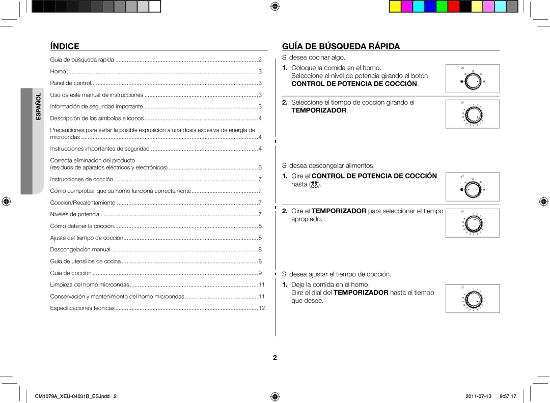 Samsung CM1079A-1/XEU manual Índice, Guía de búsqueda rápida, Control DE Potencia DE Cocción, Temporizador 