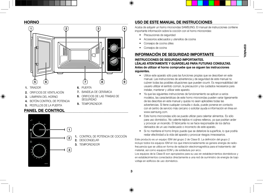 Samsung CM1079A-1/XEU Horno Uso de este manual de instrucciones, Información de seguridad importante, Panel de control 