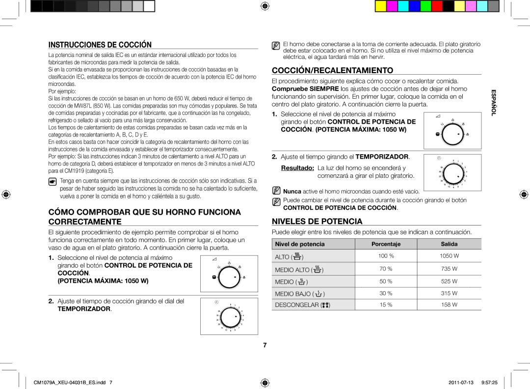 Samsung CM1079A-1/XEU Instrucciones de cocción, Cómo comprobar que su horno funciona correctamente, Niveles de potencia 