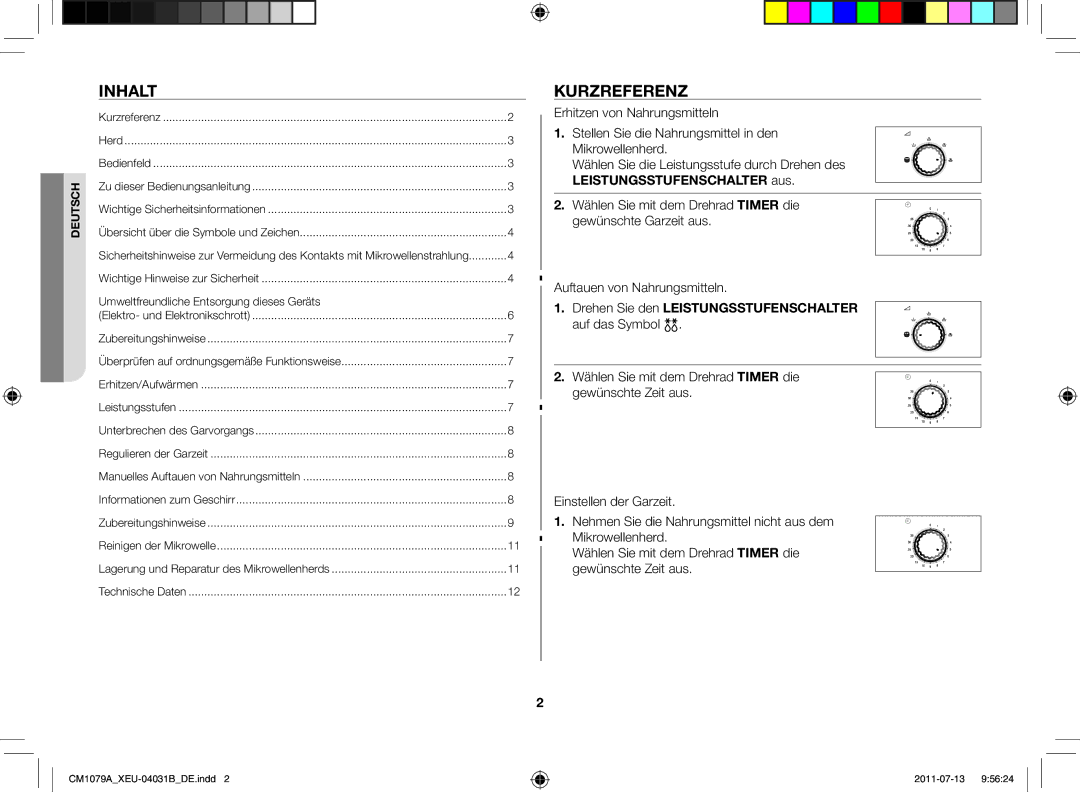 Samsung CM1079A-1/XEU manual Inhalt, Kurzreferenz, Drehen Sie den Leistungsstufenschalter auf das Symbol 