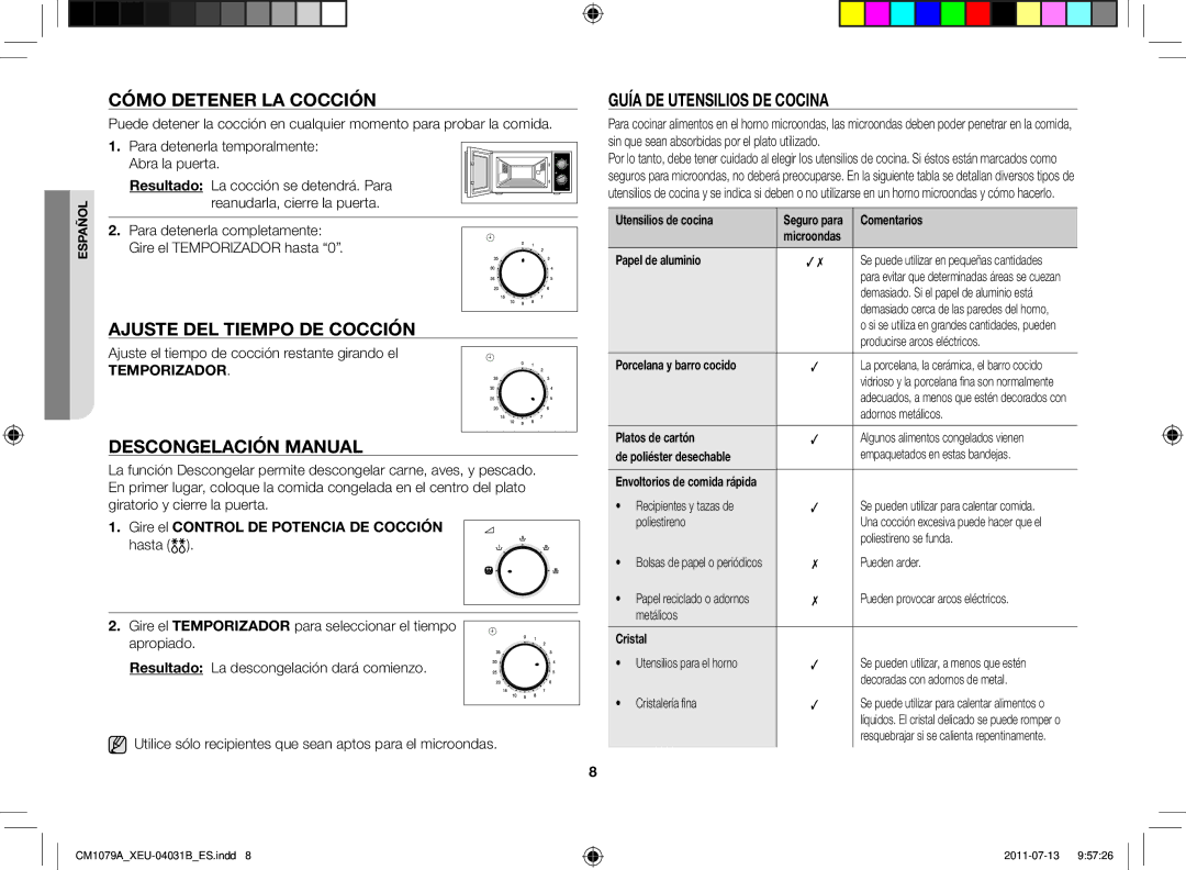 Samsung CM1079A-1/XEU Cómo detener la cocción, Ajuste del tiempo de cocción, Descongelación manual 