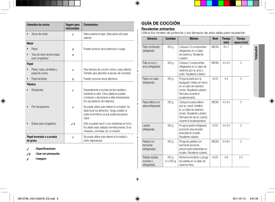 Samsung CM1079A-1/XEU manual Guía de cocción, Recalentar entrantes 