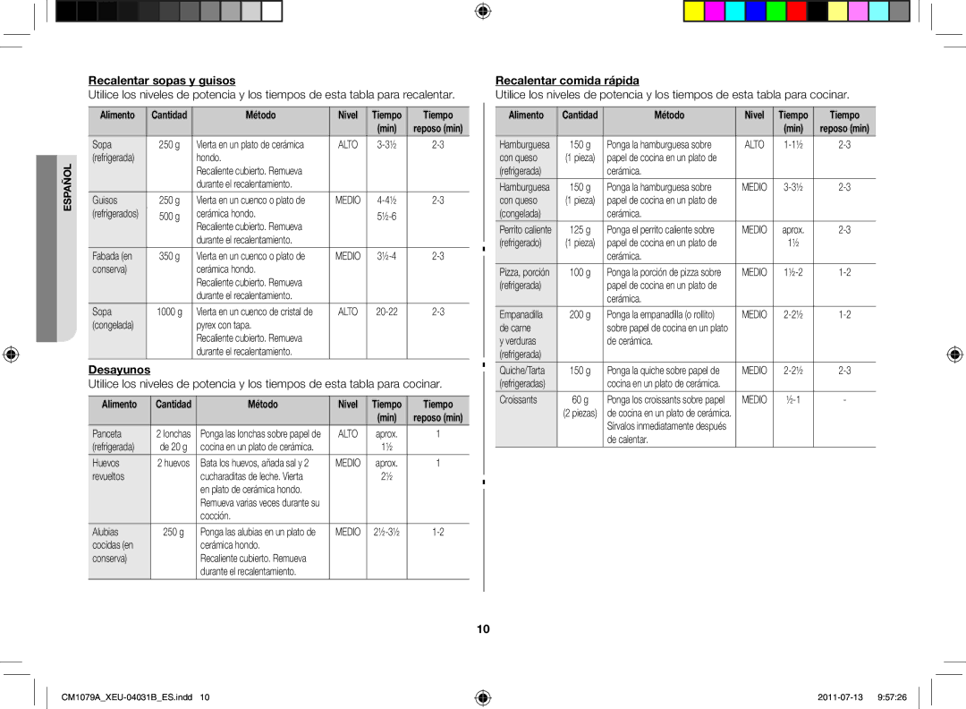 Samsung CM1079A-1/XEU manual Recalentar sopas y guisos, Desayunos, Recalentar comida rápida 