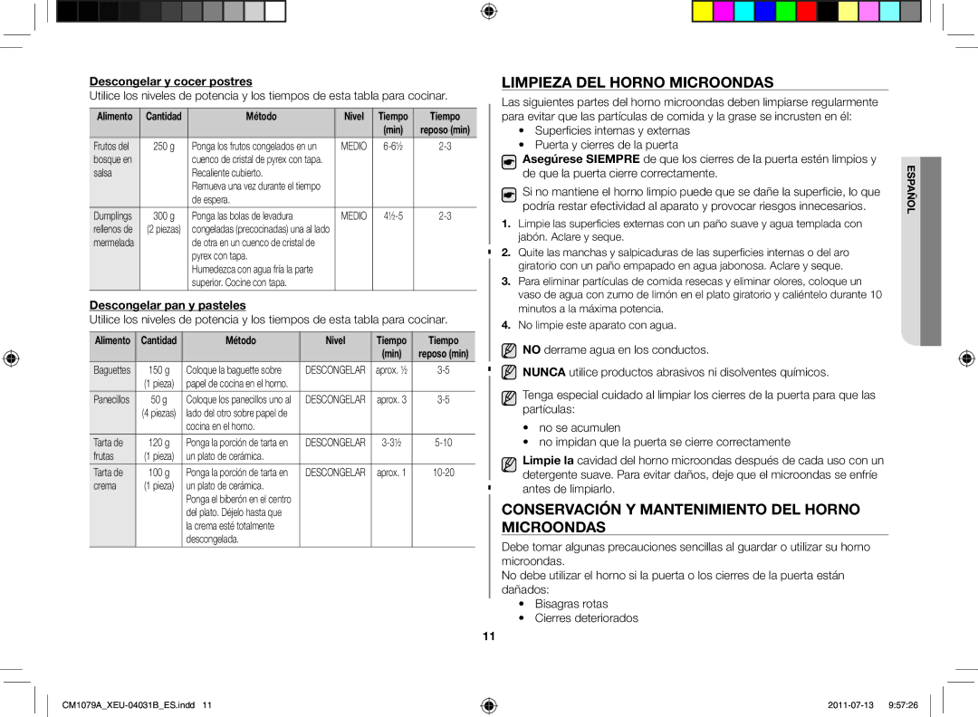 Samsung CM1079A-1/XEU manual Limpieza del horno microondas, Conservación y mantenimiento del horno microondas 