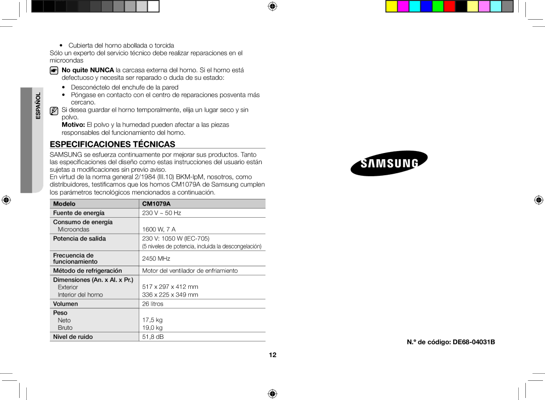 Samsung CM1079A-1/XEU manual Especificaciones técnicas, De código DE68-04031B, Modelo CM1079A 