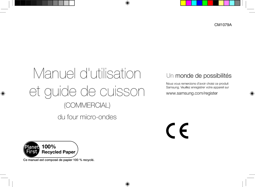 Samsung CM1079A-1/XEU manual Manuel dutilisation et guide de cuisson, Ce manuel est composé de papier 100 % recyclé 