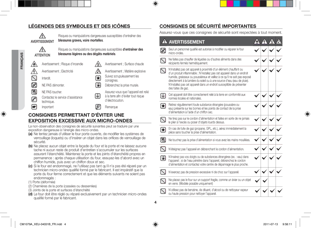 Samsung CM1079A-1/XEU manual Avertissement, Consignes permettant déviter une, Exposition excessive aux micro-ondes 