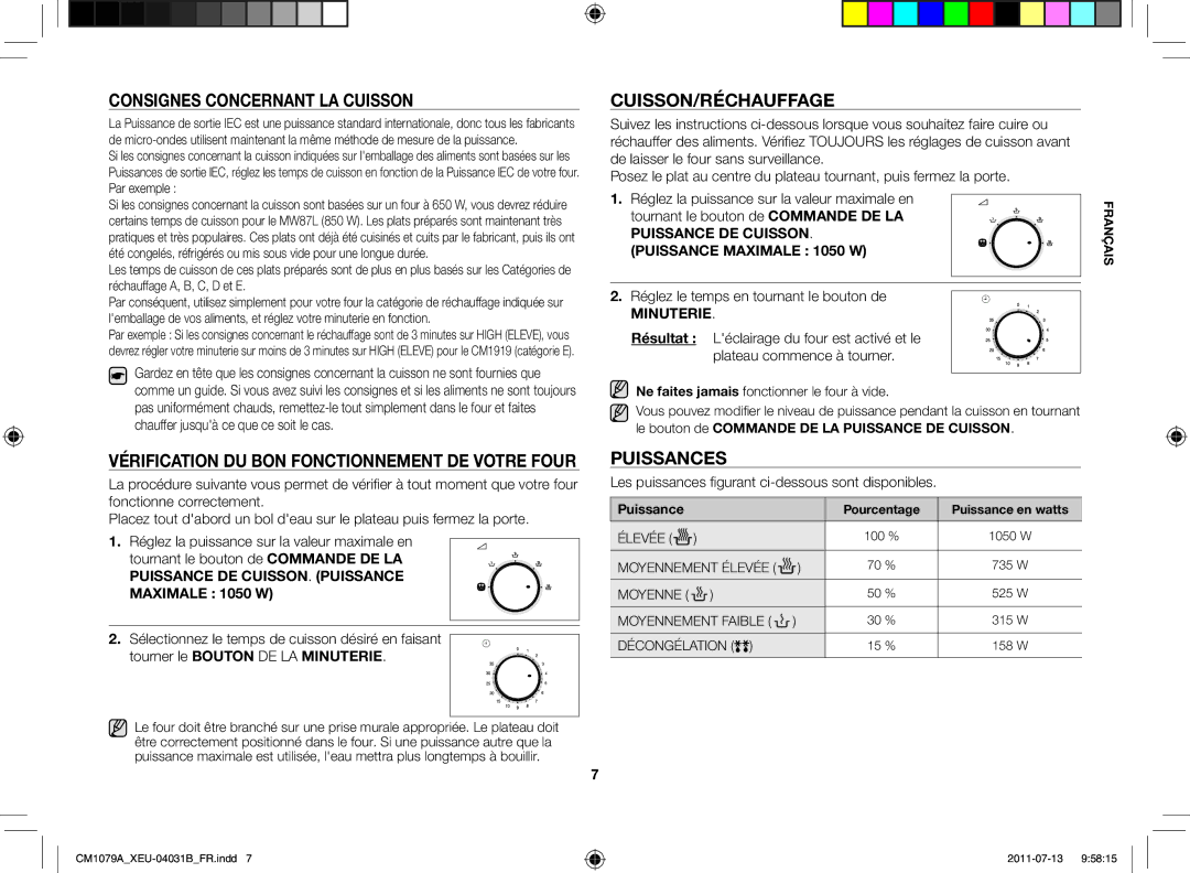 Samsung CM1079A-1/XEU manual Consignes concernant la cuisson, Cuisson/Réchauffage, Puissances 