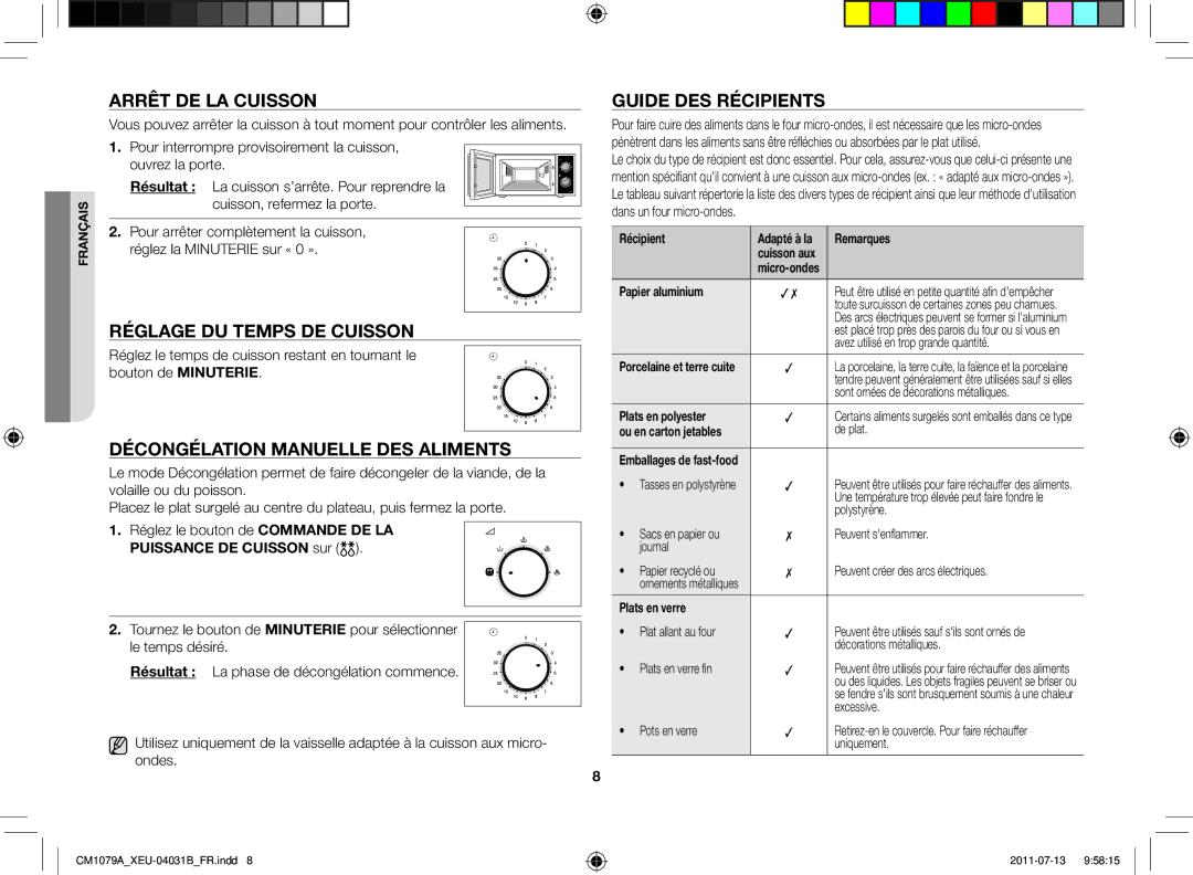 Samsung CM1079A-1/XEU manual Arrêt de la cuisson, Réglage du temps de cuisson, Décongélation manuelle des aliments 