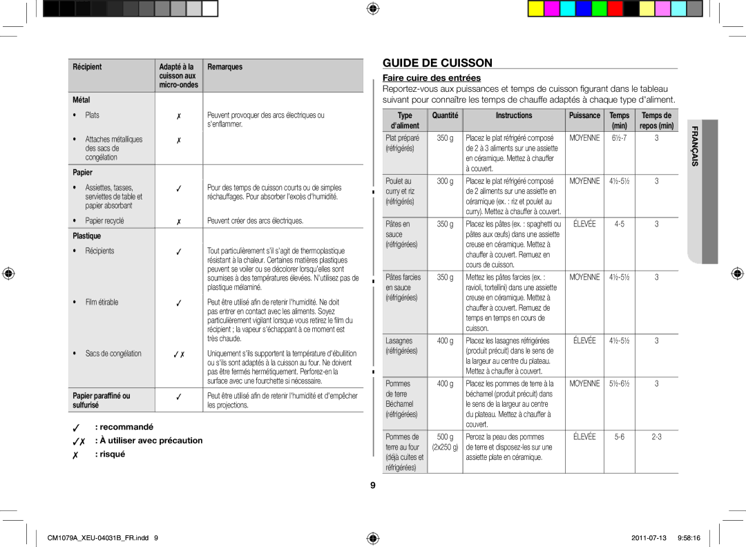 Samsung CM1079A-1/XEU manual Guide de cuisson, Faire cuire des entrées 