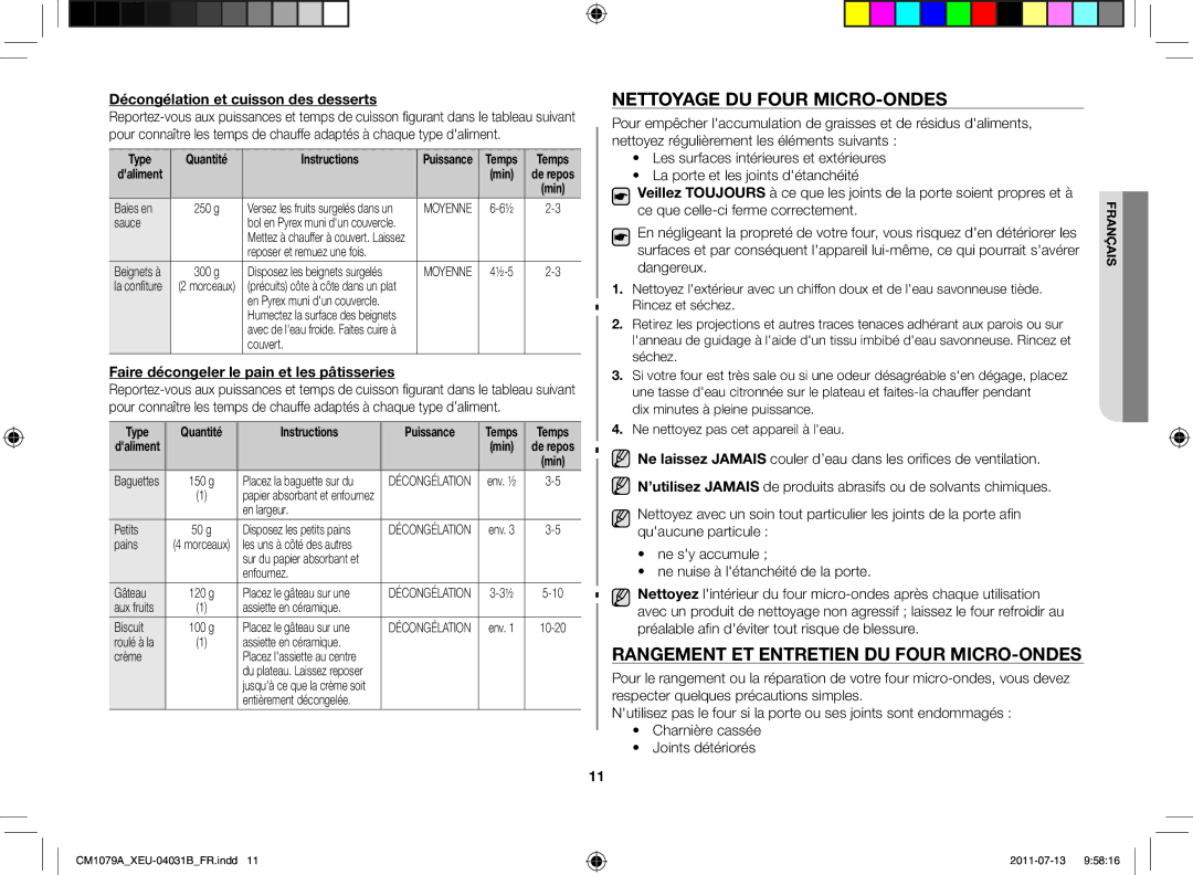 Samsung CM1079A-1/XEU manual Nettoyage du four micro-ondes, Rangement et entretien du four micro-ondes 