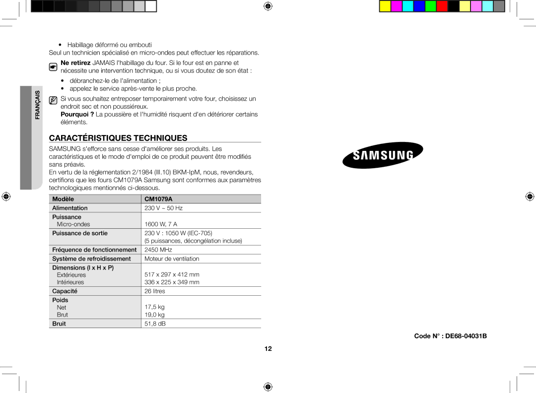 Samsung CM1079A-1/XEU manual Caractéristiques techniques, NE9 9BJ, Code N DE68-04031B, Modèle CM1079A 