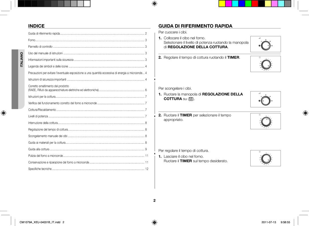 Samsung CM1079A-1/XEU manual Indice, Guida di riferimento rapida, Di Regolazione Della Cottura, Cottura su 